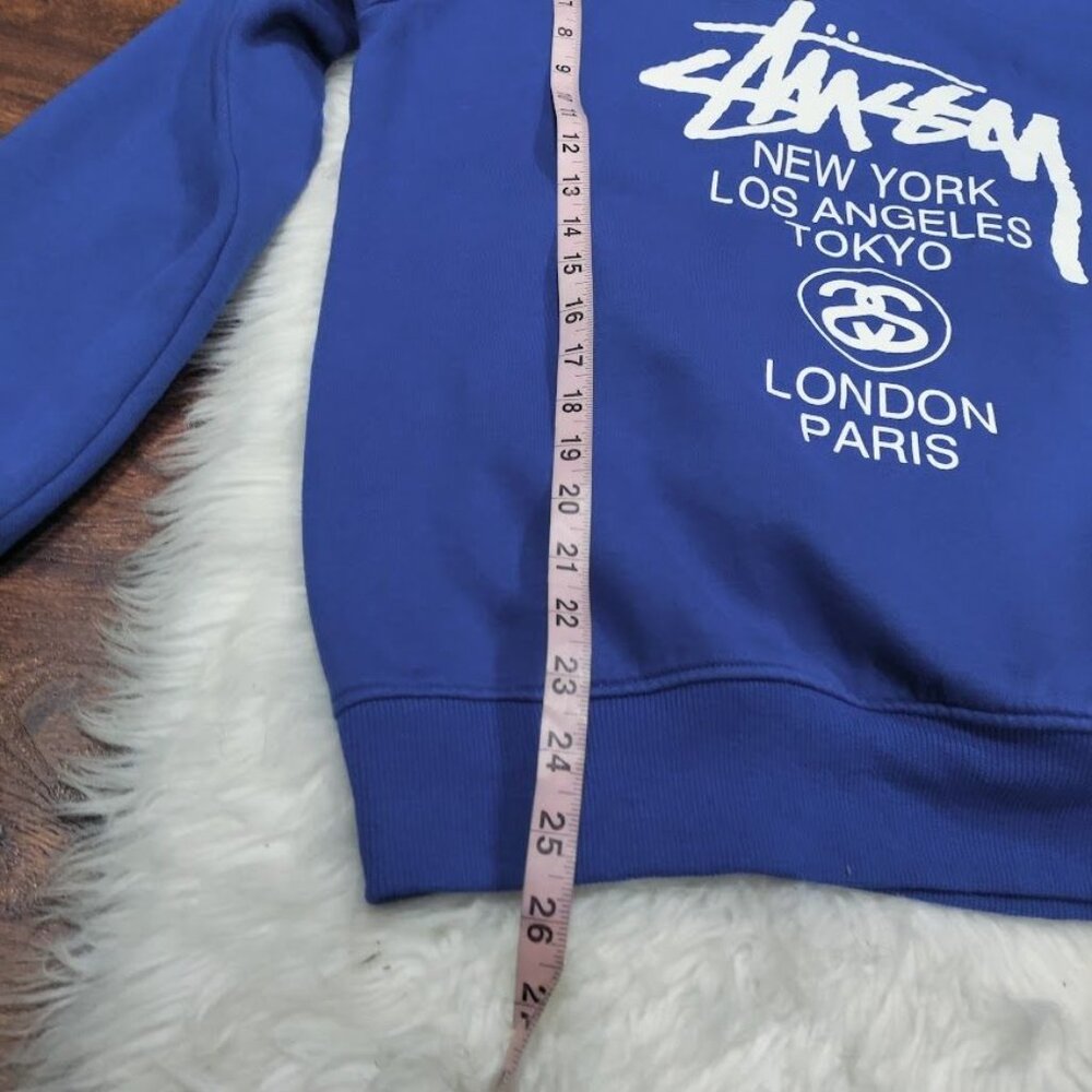 Stussy Loose Fit Men Medium Streetwear Cities Pullover Graphic Hoodie Blue White - Picture 6 of 8